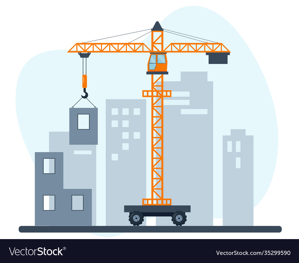 Orange lifting crane at construction site Vector Image