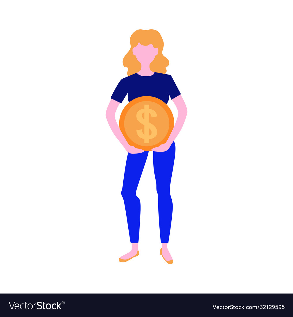 Flache Frau mit goldener Münze vector image Flache Frau mit goldener Münze