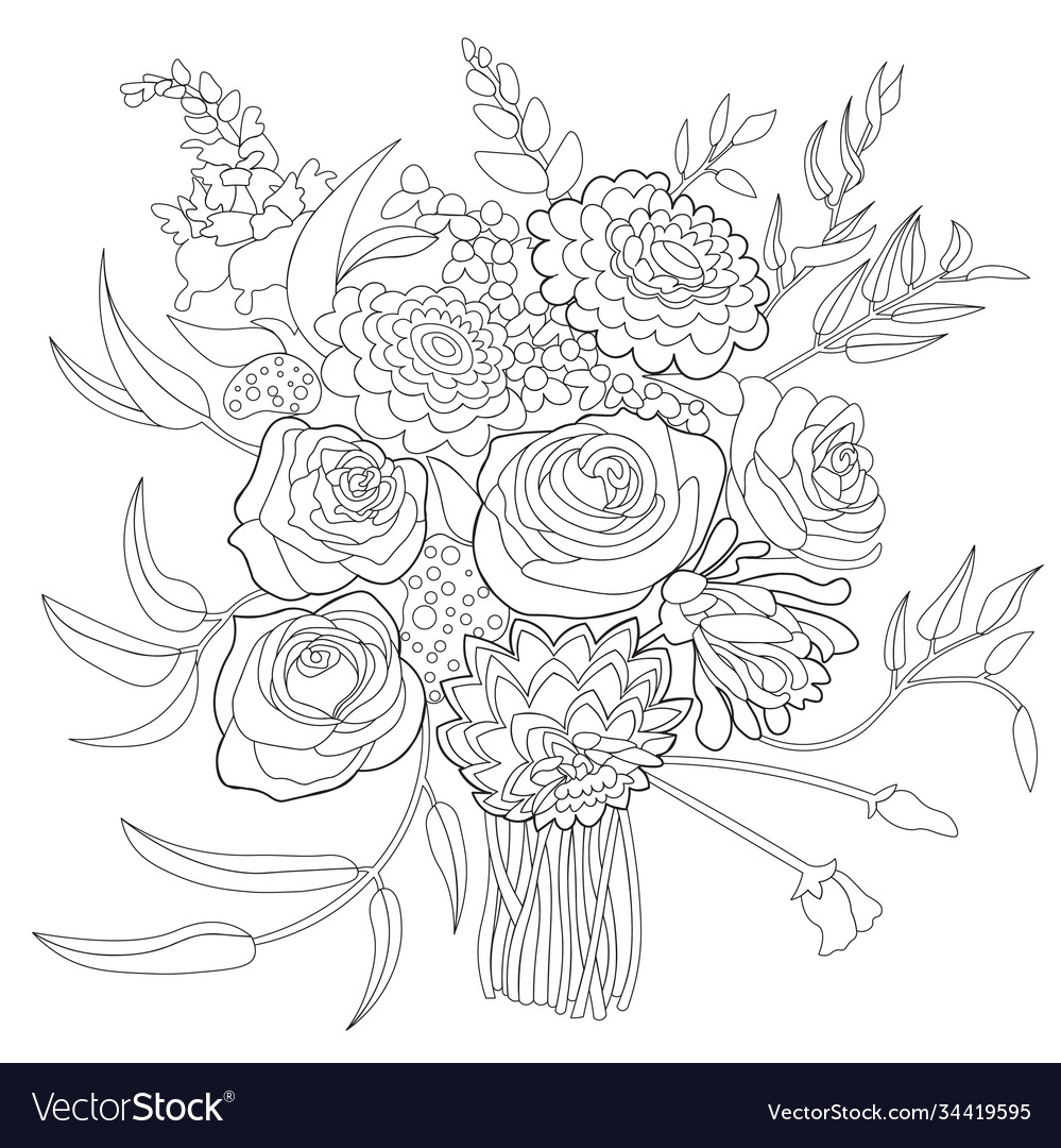 Flowers bouquet coloring book page isolated Vector Image