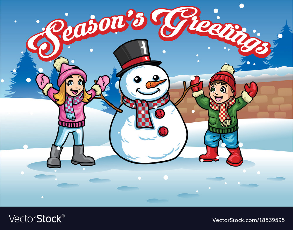 Kids Plays With Snowman Royalty Free Vector Image
