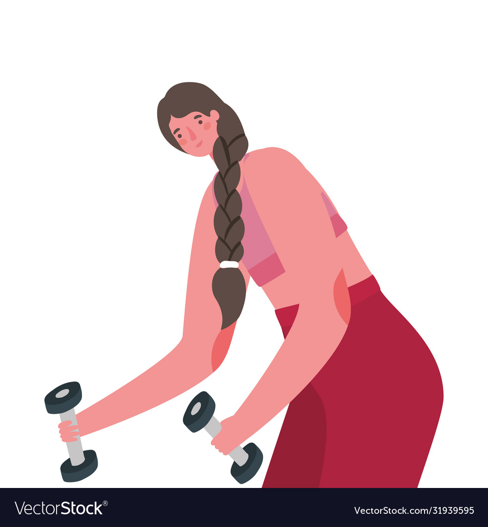 Frau Cartoon mit Sportbekleidung und Gewichten