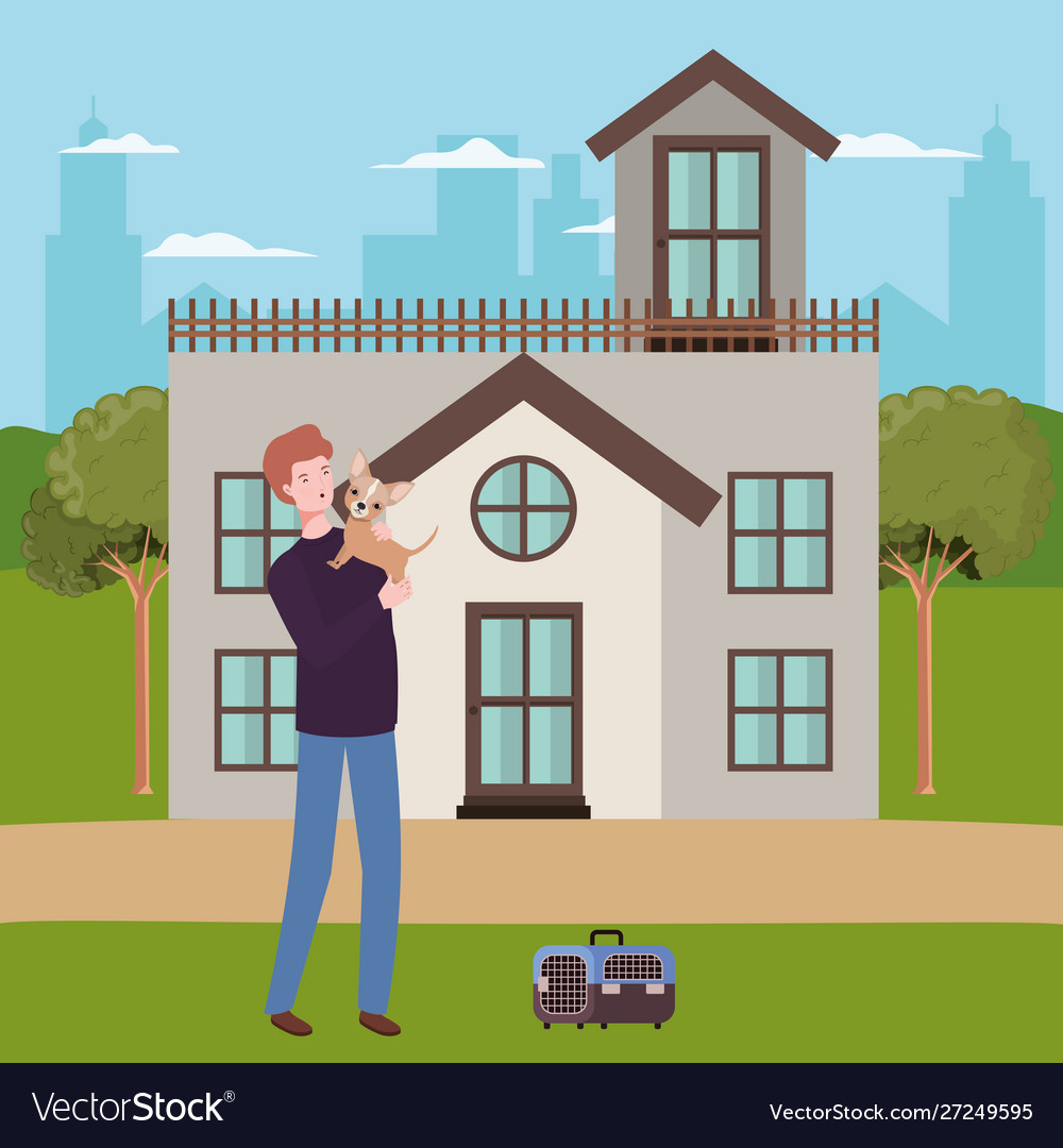 Junger Mann mit niedlichen Hund Maskottchen im Freien vector image Junger Mann mit niedlichen Hund Maskottchen im Freien