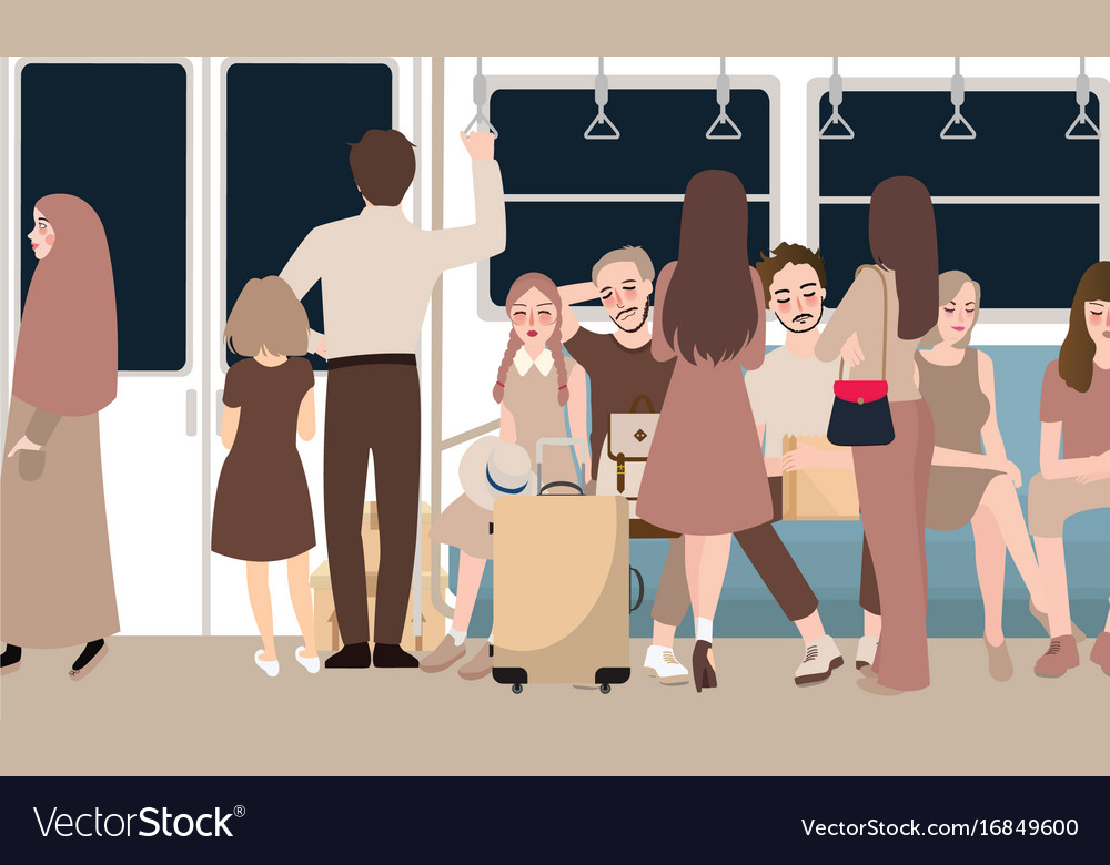 Inside busy train full of passenger commuter Vector Image