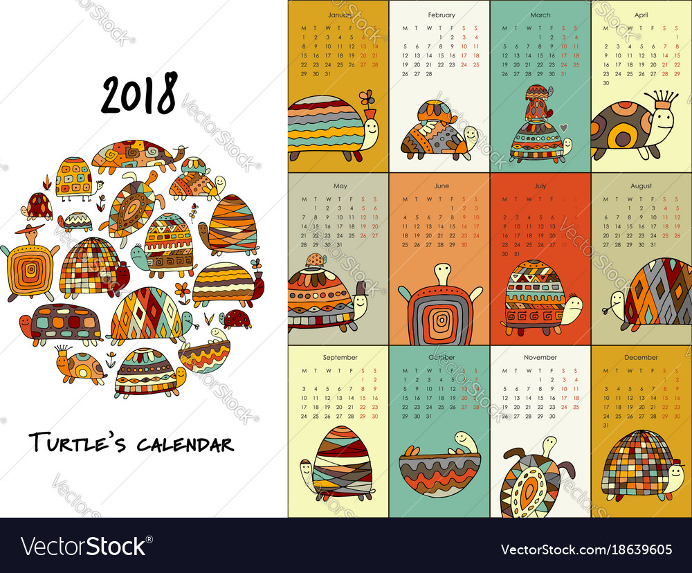 Funny turtles calendar 2018 design Royalty Free Vector Image