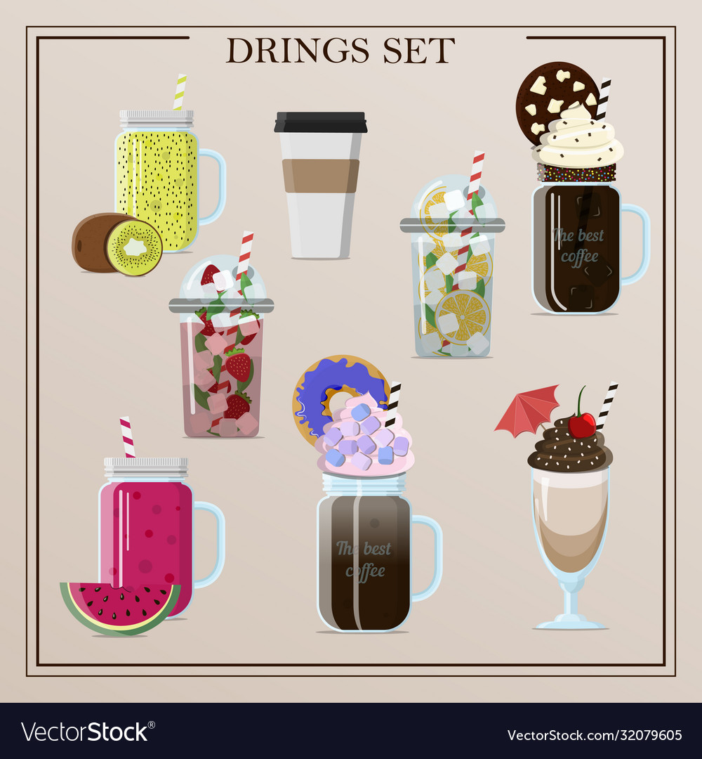 Set different drinks cocktails coffee