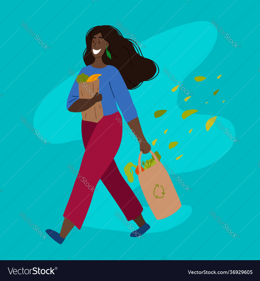 Walking happy african Frau mit Einkäufen vector image Walking happy african Frau mit Einkäufen