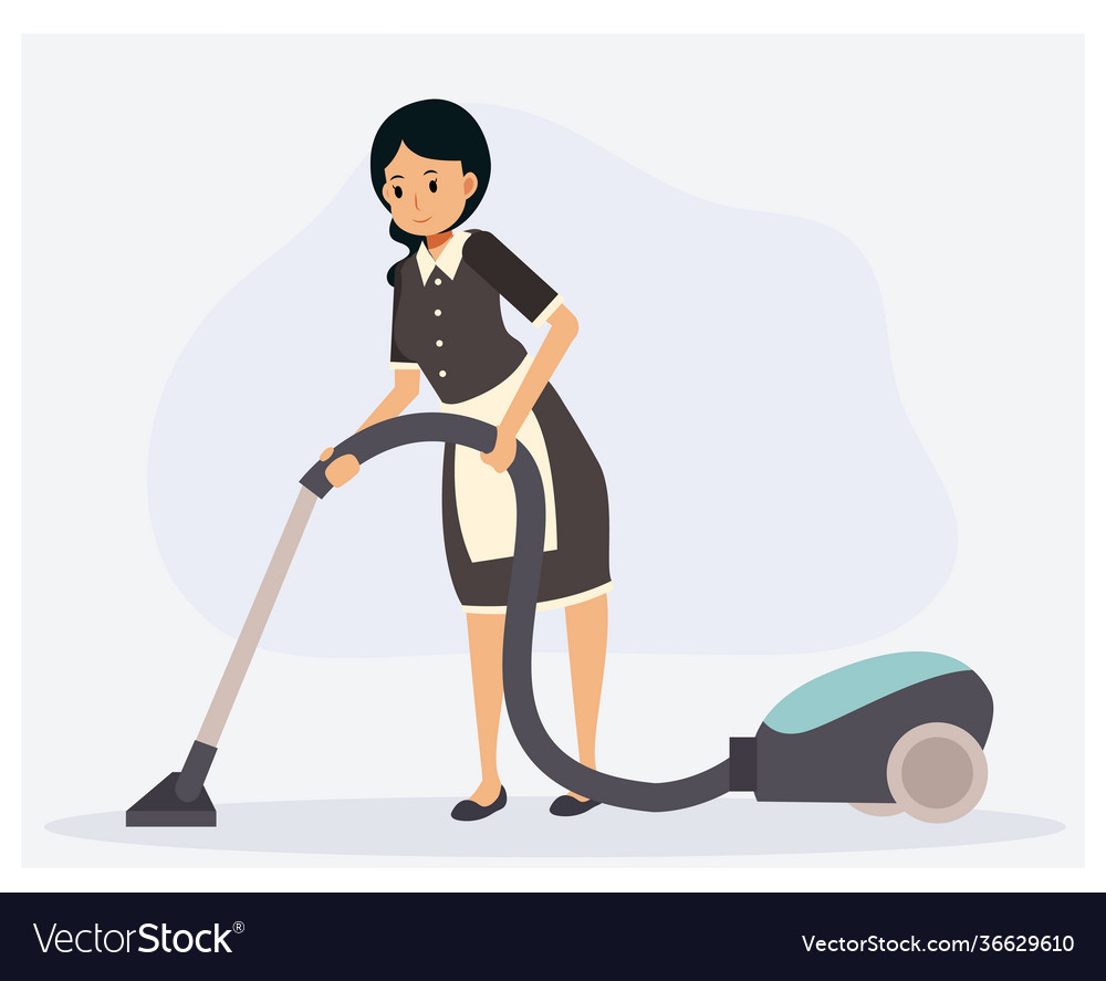 Maid is cleaning floor vacuum flat cartoon