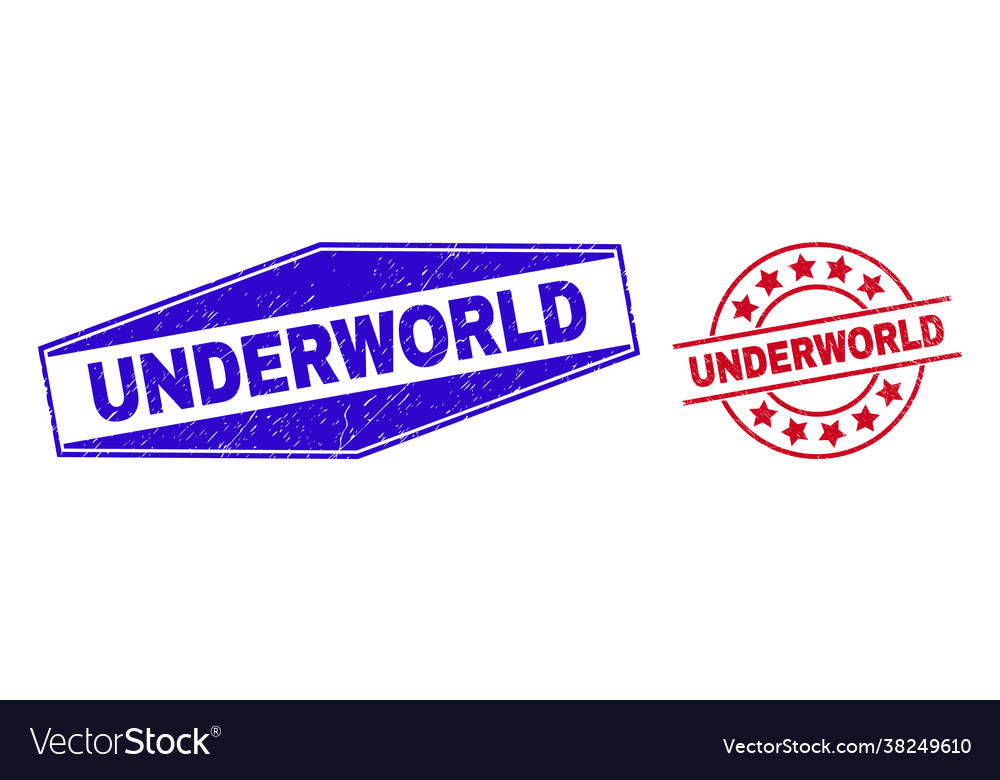 Underworld corroded badges in round and hexagonal vector image Underworld corroded badges in round and hexagonal