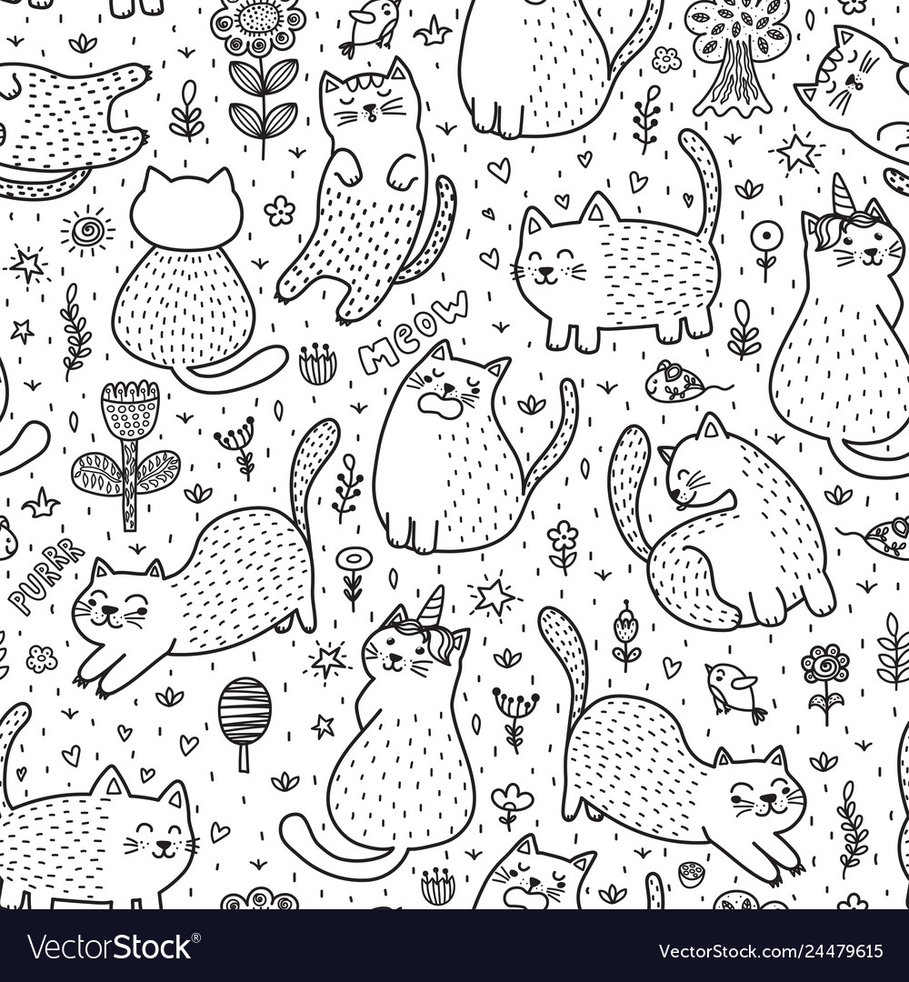 Cute cats in summer seamless pattern Royalty Free Vector