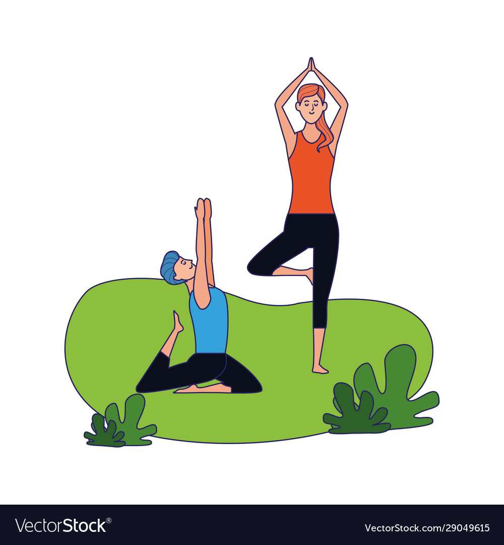 Relaxed couple doing yoga poses outdoors