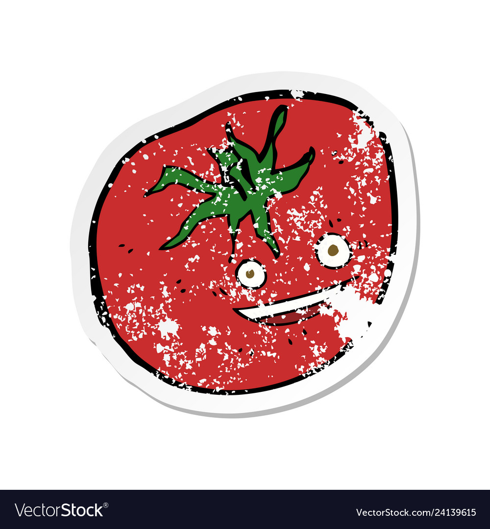 Retro distressed sticker of a cartoon happy tomato