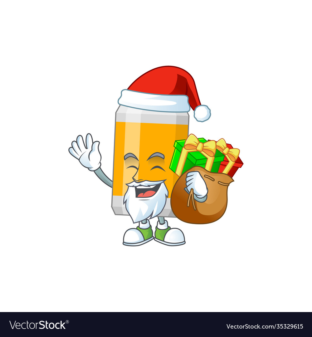 Santa beer can cartoon drawing with sacks gifts