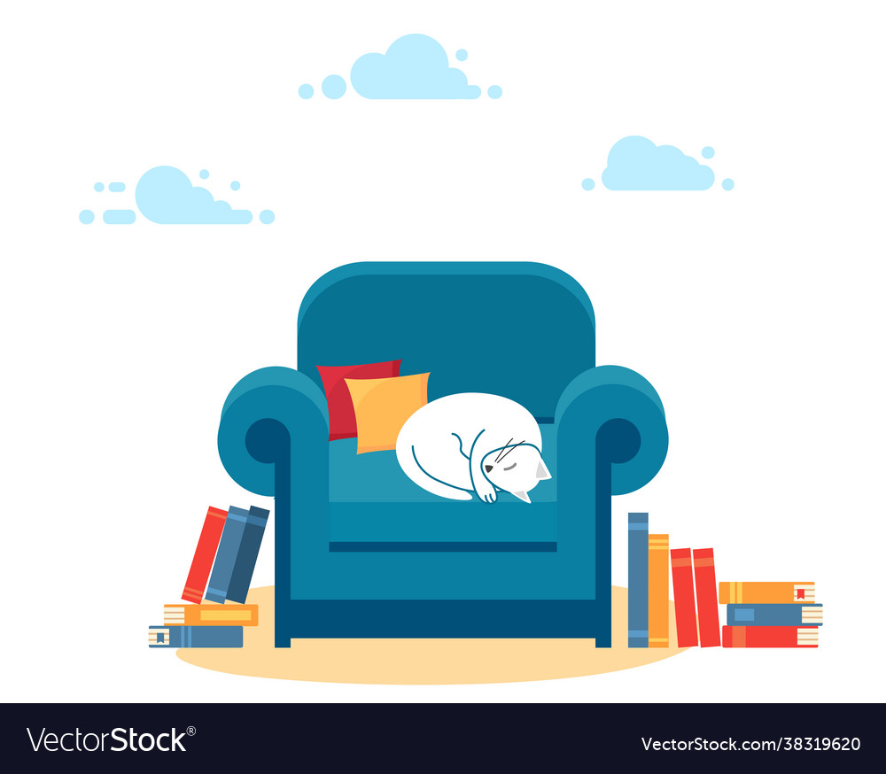 Cute white cat lying on a blue armchair concept