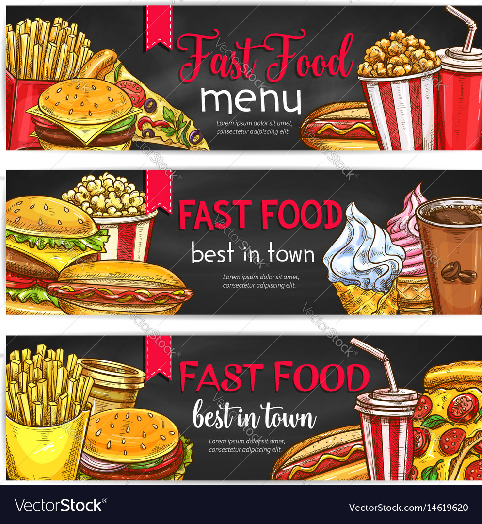 Fast food lunch meal with drinks chalkboard banner