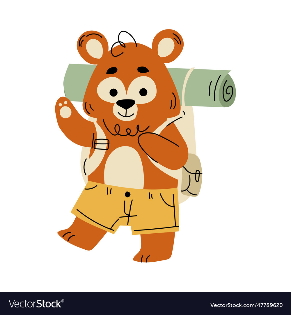 Funny bear traveler character walking Royalty Free Vector