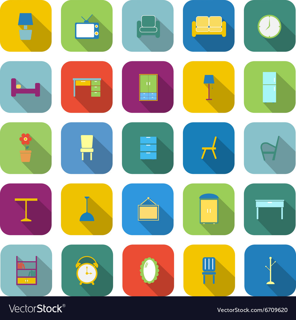 Furniture color icons with long shadow Royalty Free Vector