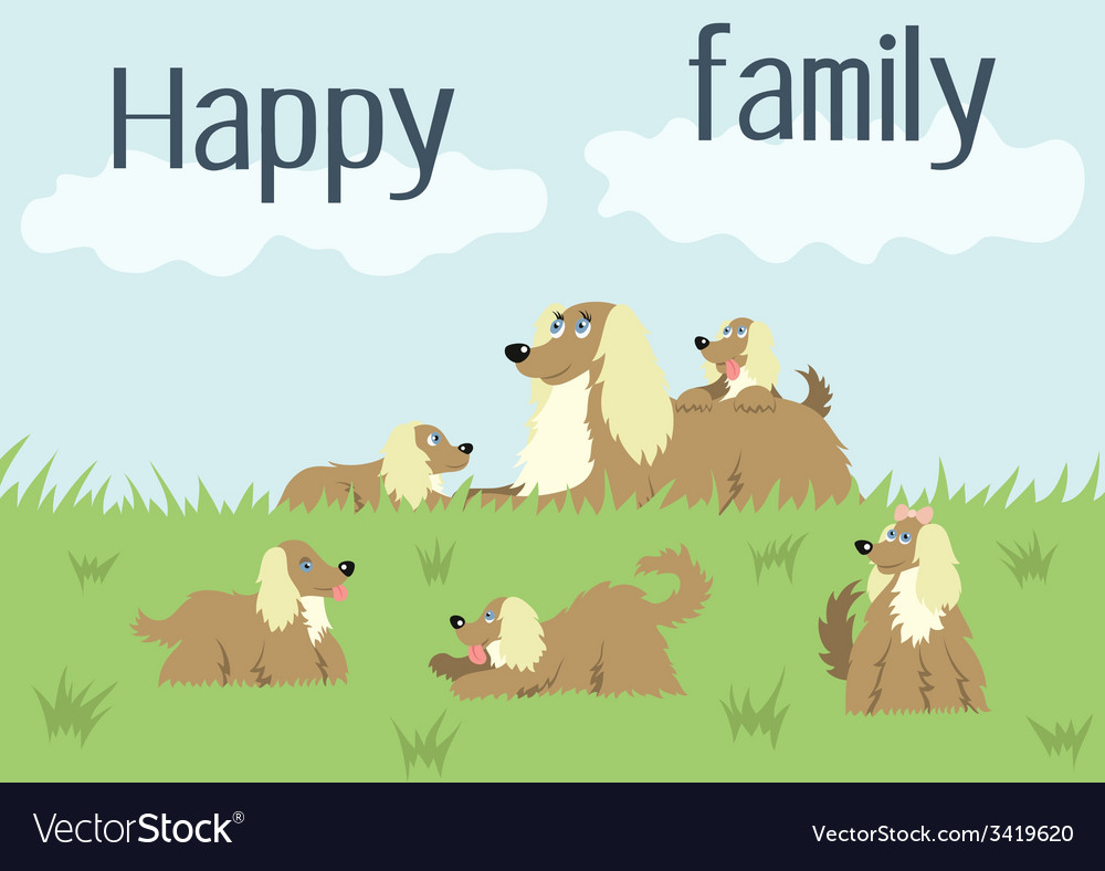 Happy family card with dog and puppies