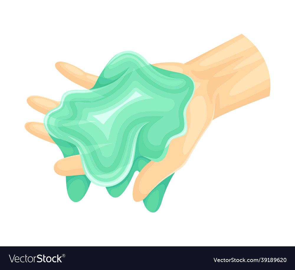 Human hand with turquois slime as viscous colorful