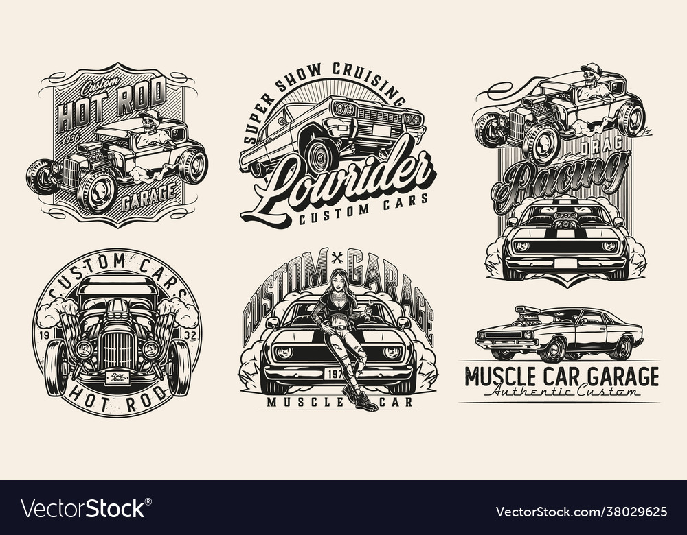 Custom cars vintage monochrome badges Royalty Free Vector