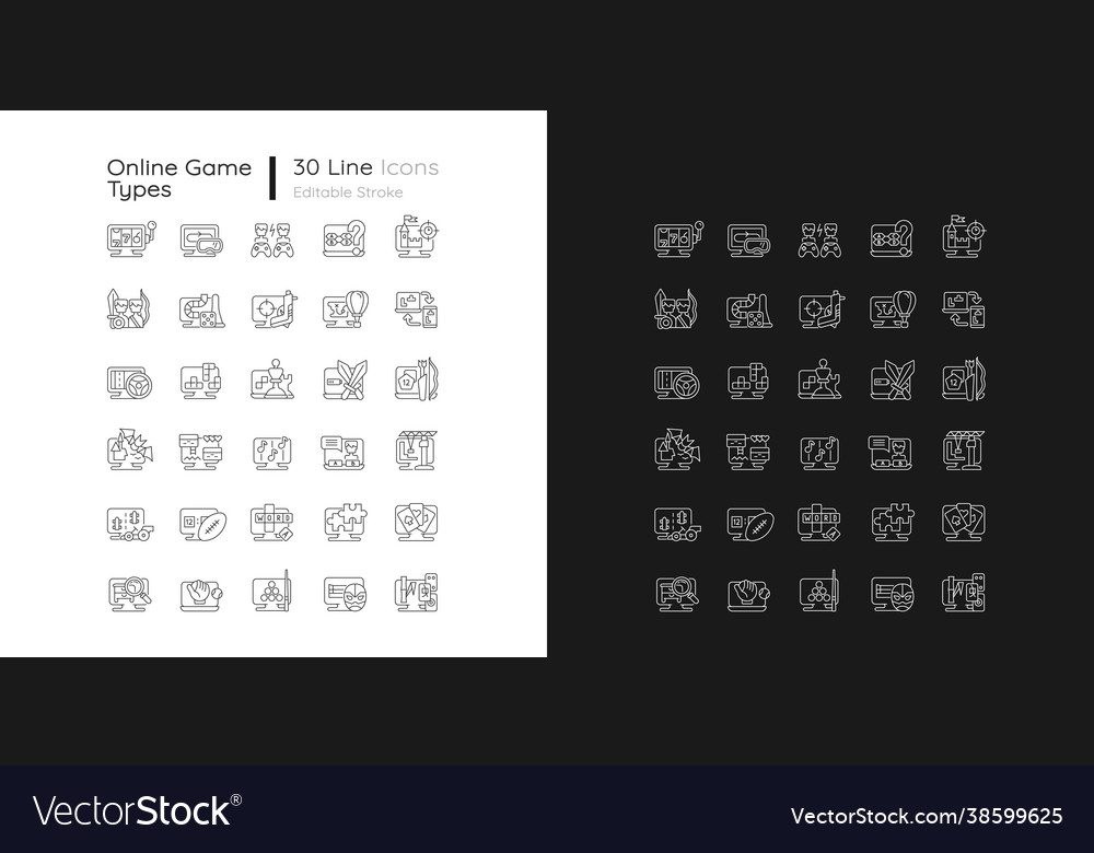 Online game types linear icons set for dark vector image Online game types linear icons set for dark