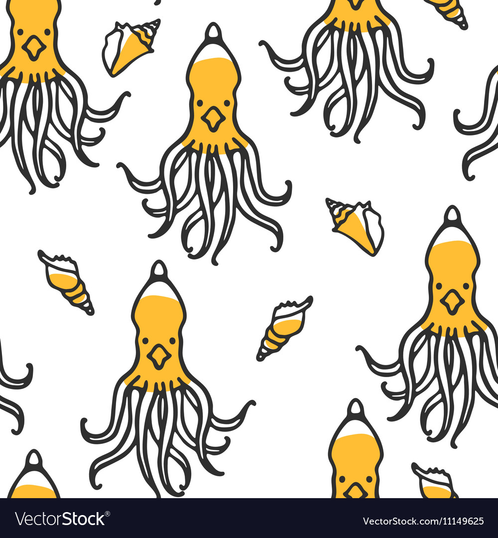 Seamless pattern with kraken and shells