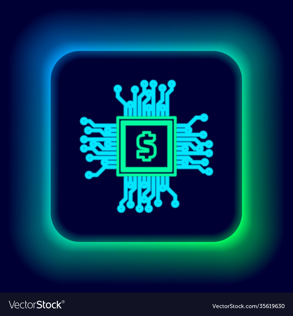 Glowing neon line cpu mining farm icon isolated