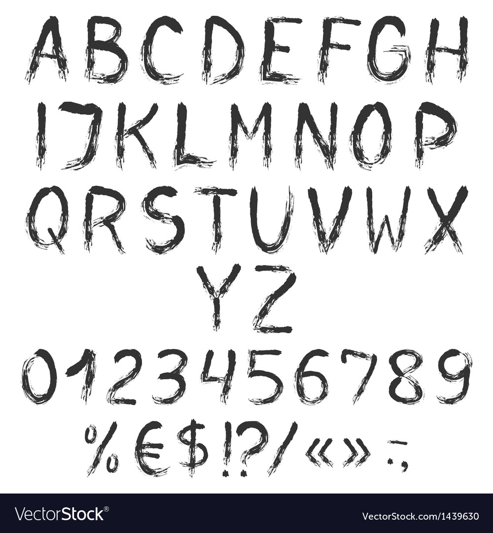 Grunge painted alphabet with numbers and symbols Vector Image