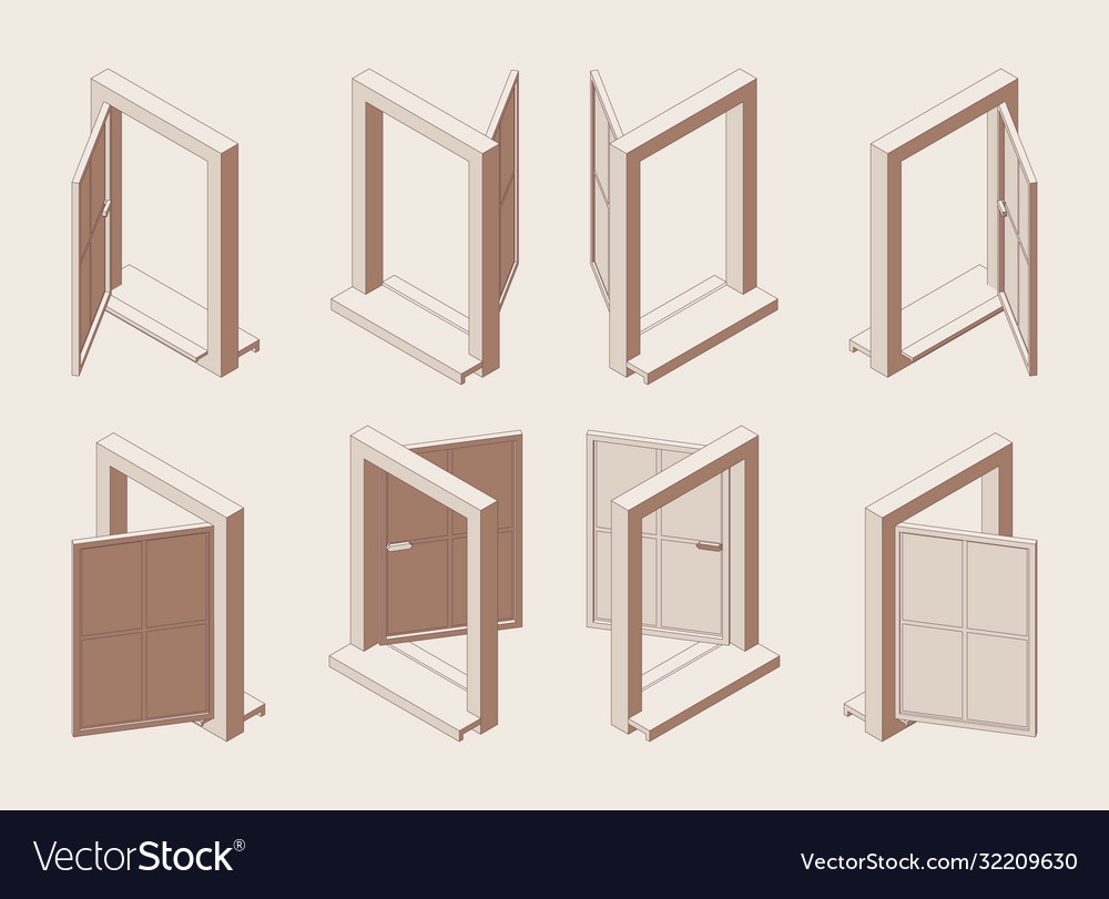 Isometric outline open window with sill isolated vector image Isometric outline open window with sill isolated
