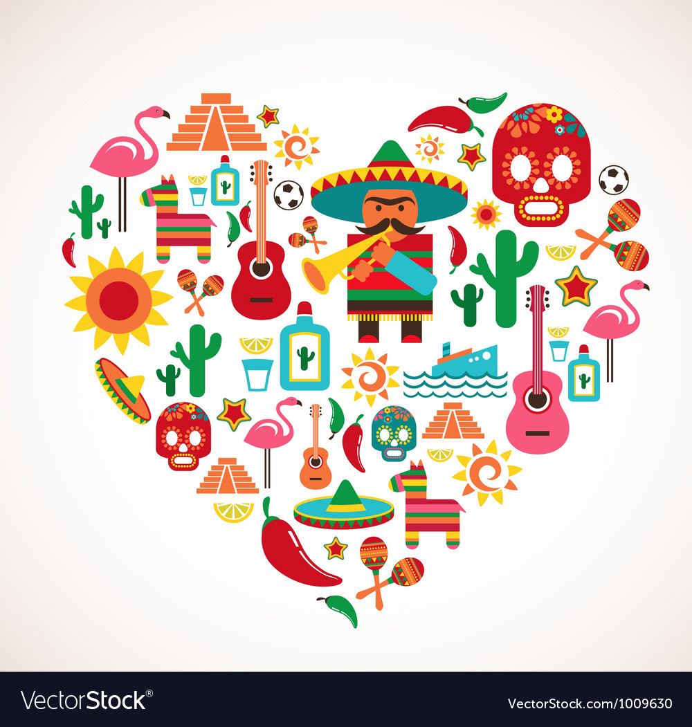 Mexico love - heart with set icons Royalty Free Vector Image