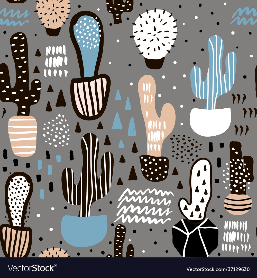 Seamless pattern with cactuses and hand drawn