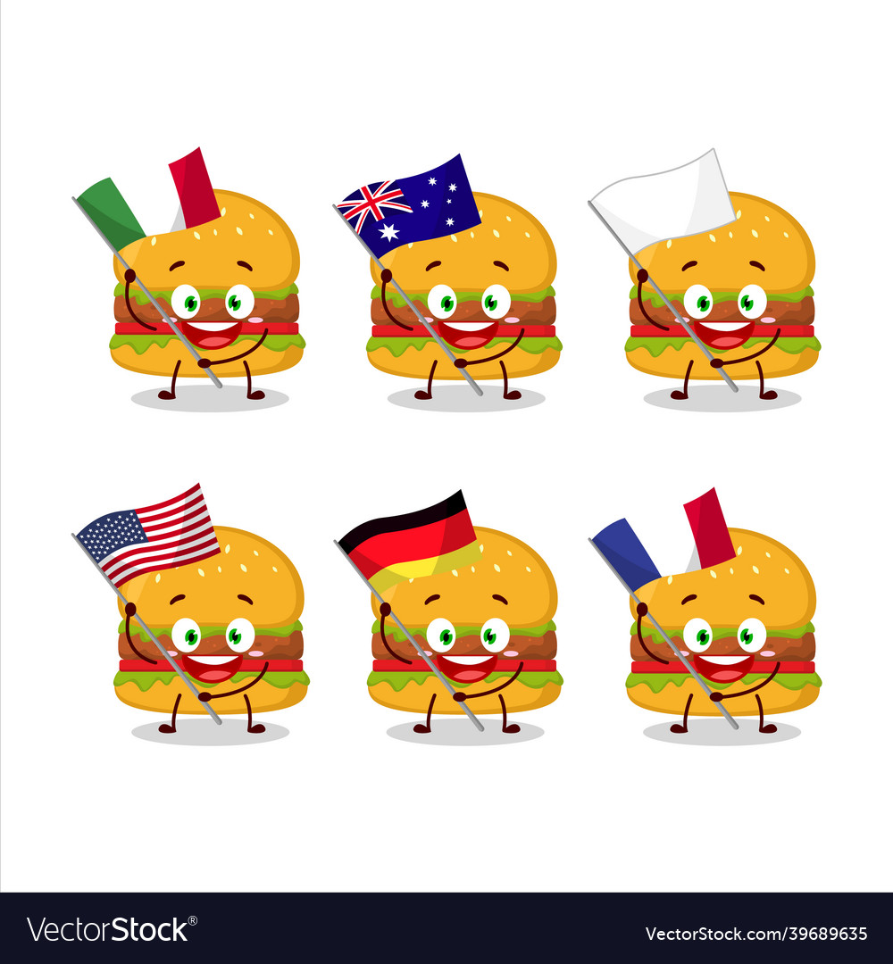 Hamburger cartoon character bring the flags