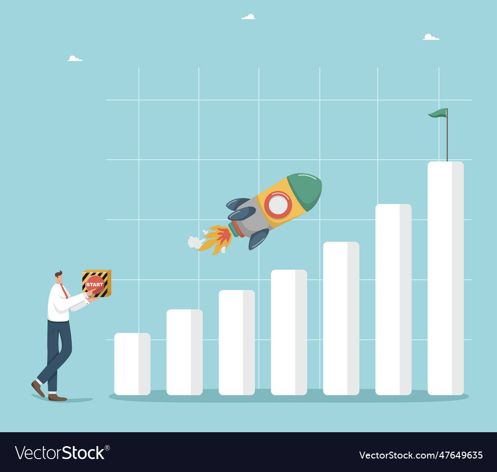 Man presses the start button and rocket takes vector image Man presses the start button and rocket takes