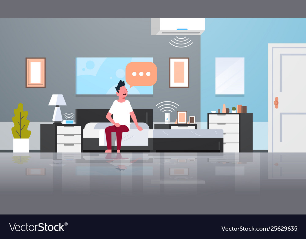 Man sitting on bed using conditioner and clock vector image Man sitting on bed using conditioner and clock