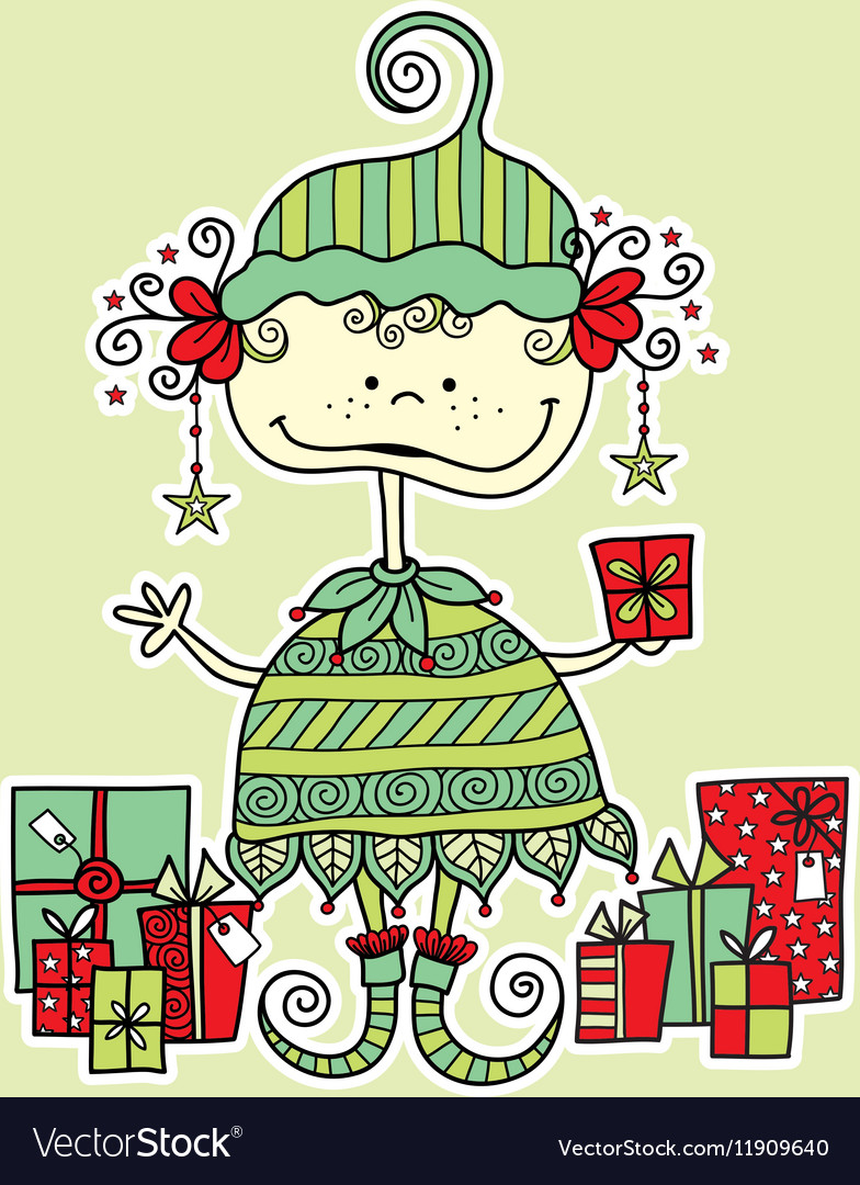 Christmas elf with presents bright