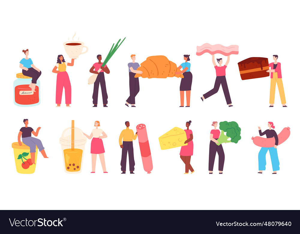 Tiny characters with food people grocery