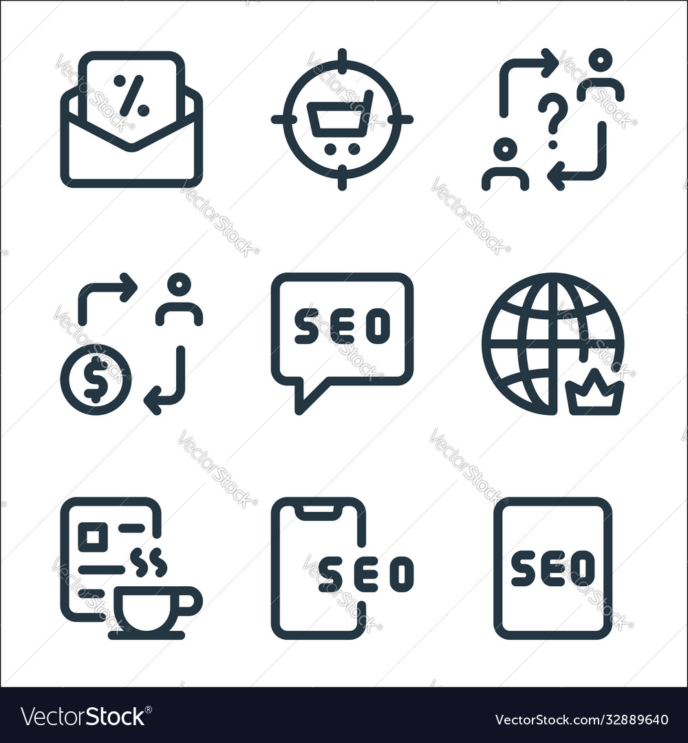 Web apps seo line icons linear set quality vector image Web apps seo line icons linear set quality