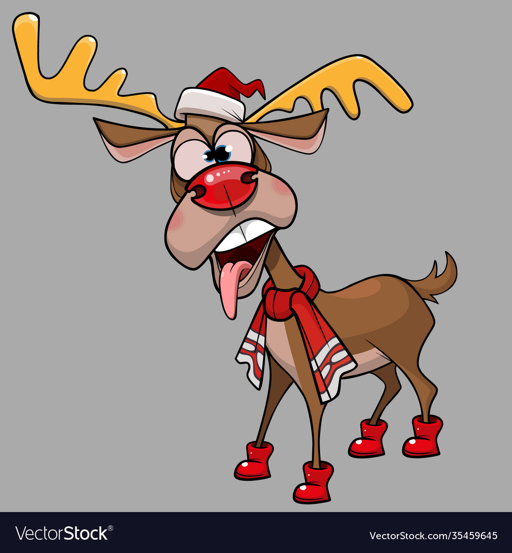 Cartoon Deer with Christmas Hat and Scarf