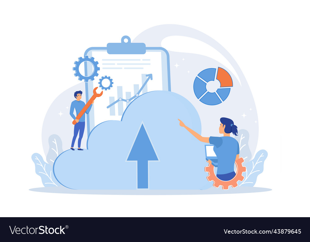 Developer working on laptop with cloud data