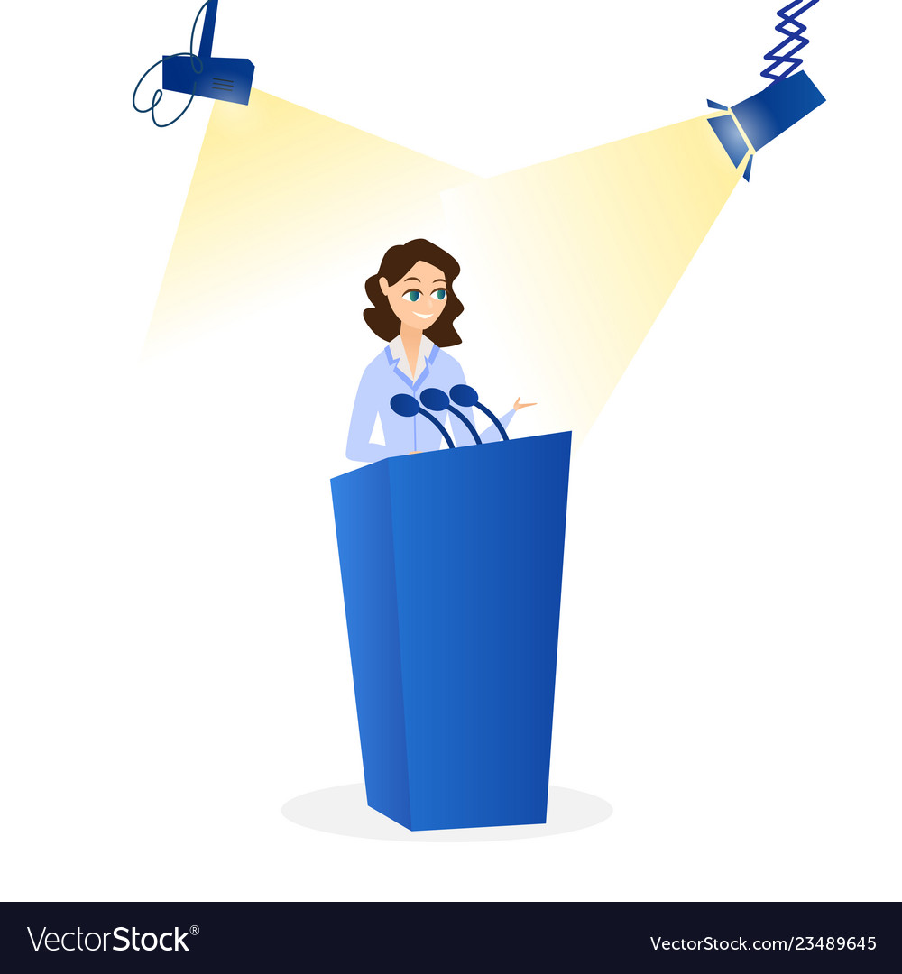 Flat woman speaking on podium