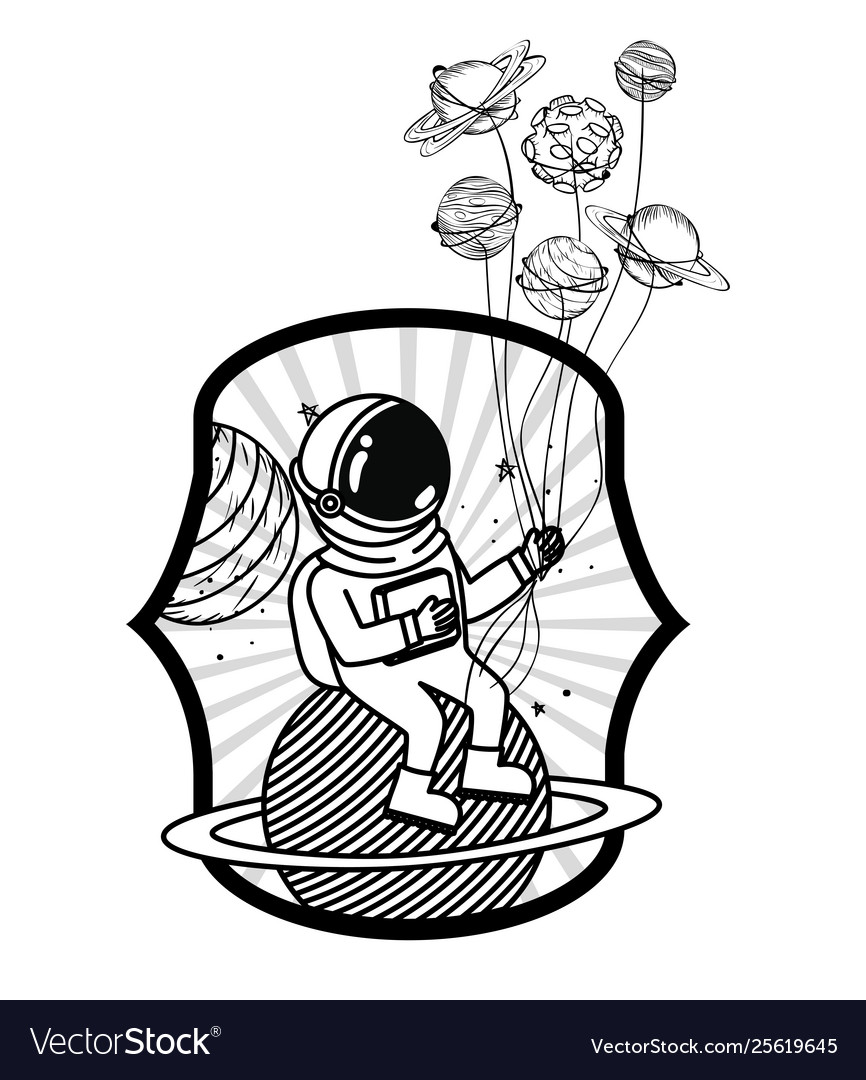 Frame with astronaut and planet in white