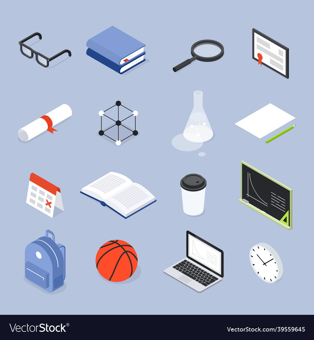 School college objects set isometric