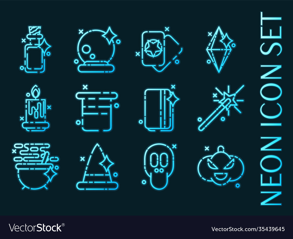 Set black magic glowing neon icons vector image Set black magic glowing neon icons