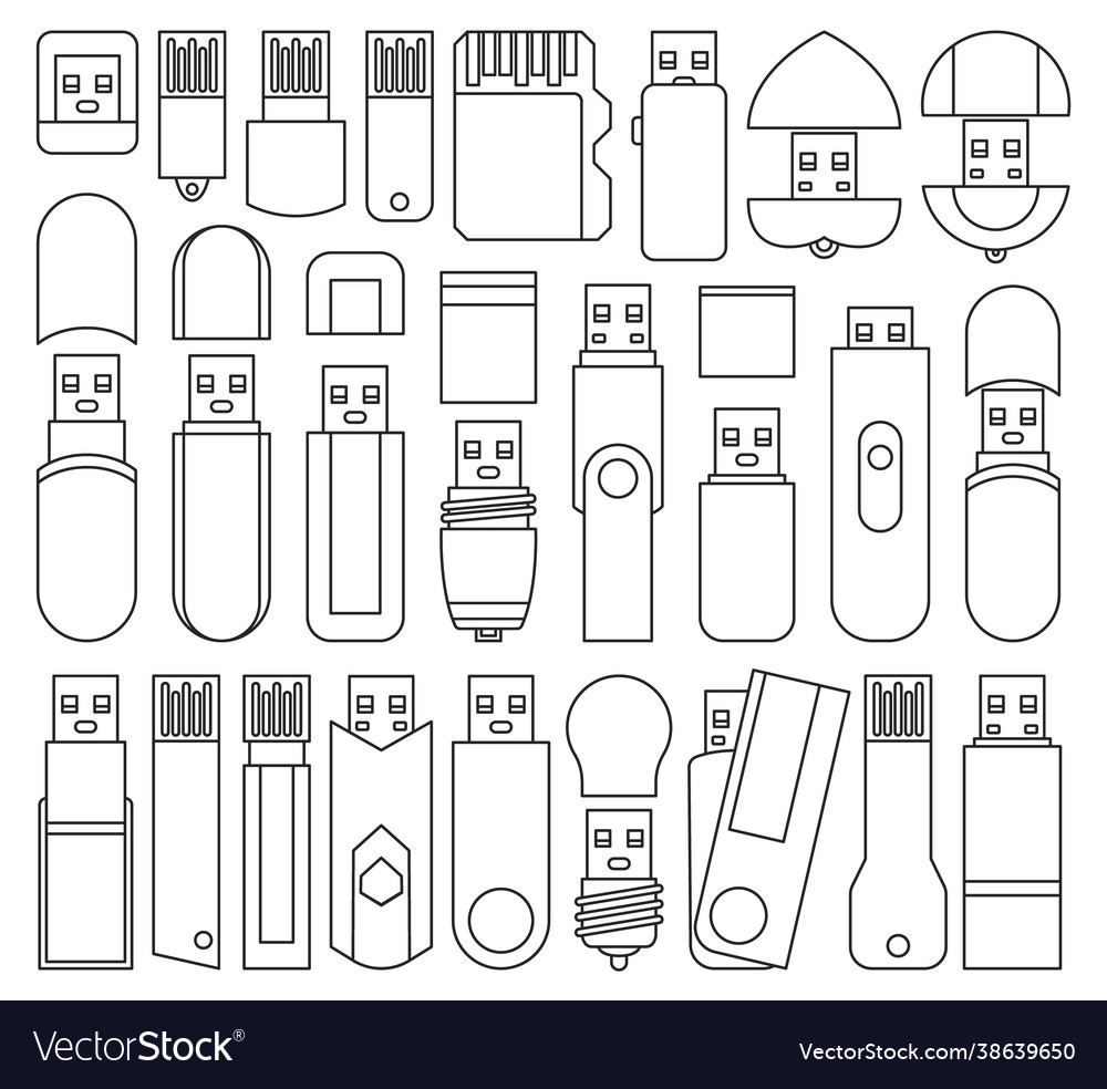 Flash drives isolated outline set icon