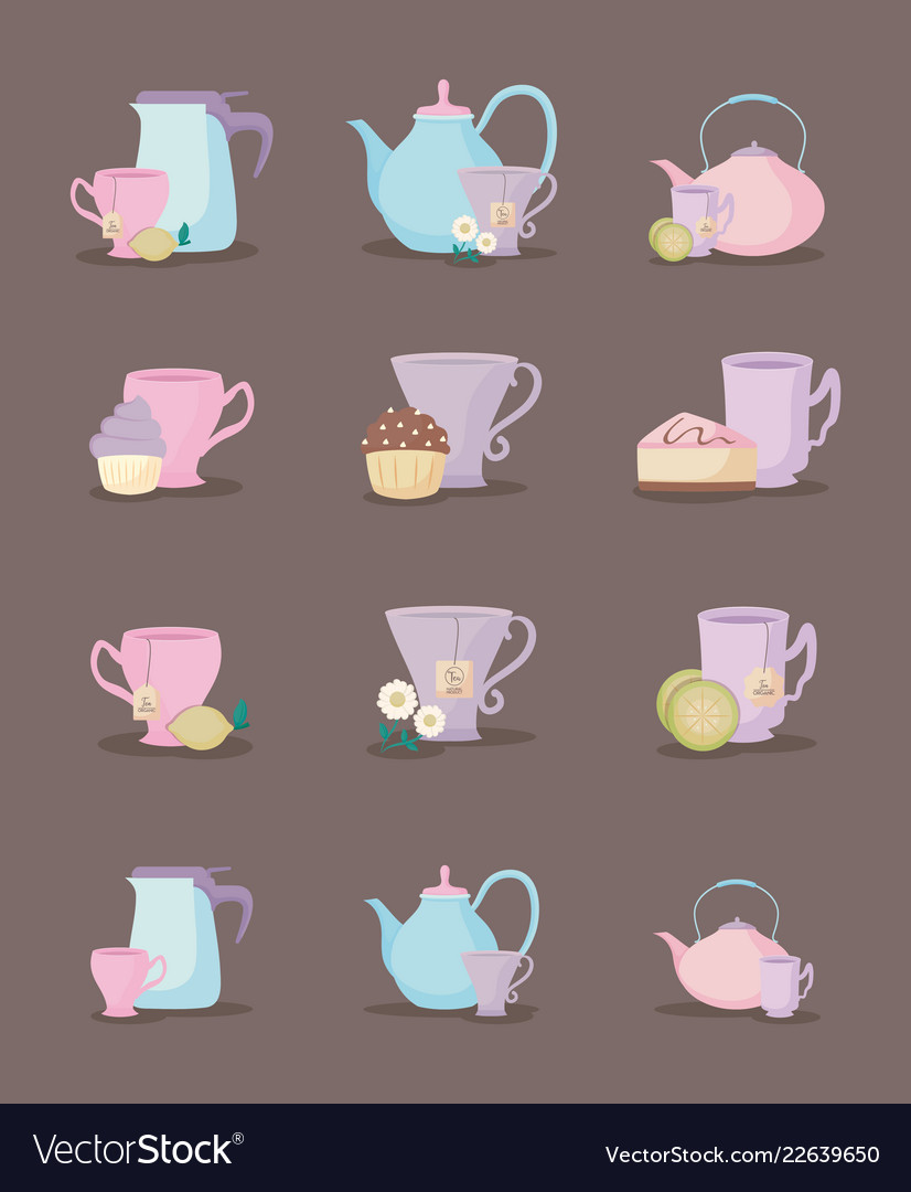 Set of teapots and cups tea icon