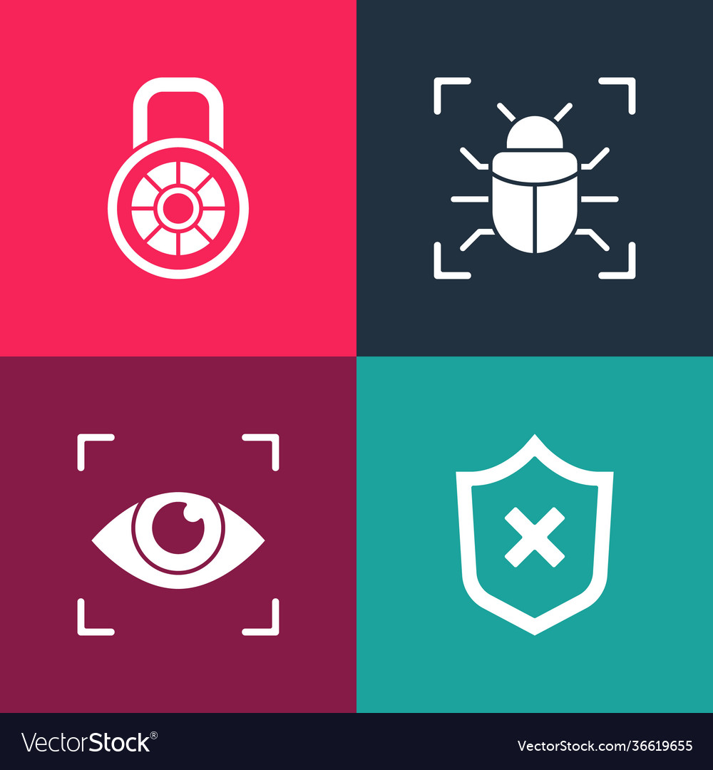 Set pop art shield with cross mark eye scan