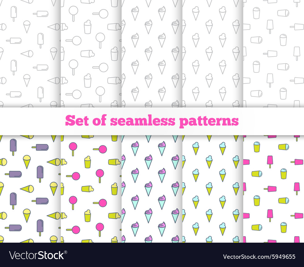 Set seamless patterns line design ice cream