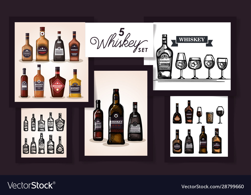 Five designs bottles whiskey and cup glass