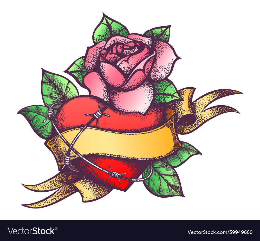 Heart And Rose Flower And Ribbon Engraving Tattoo Vector Image