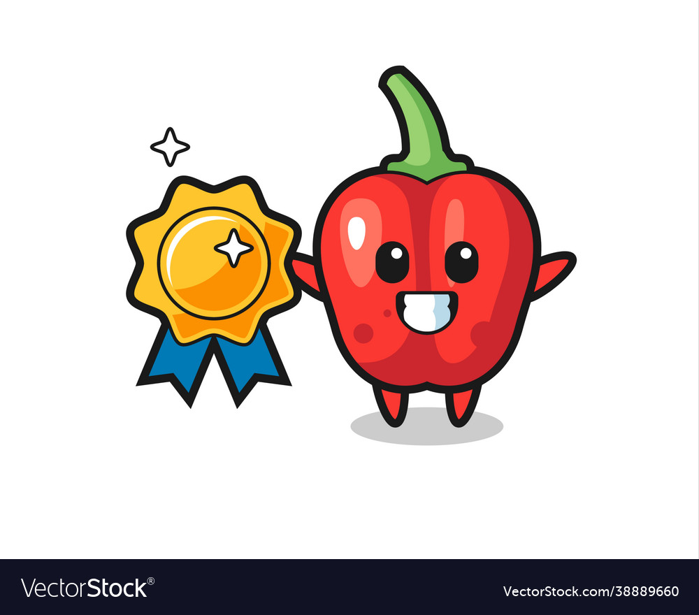 Red bell pepper mascot holding a golden badge