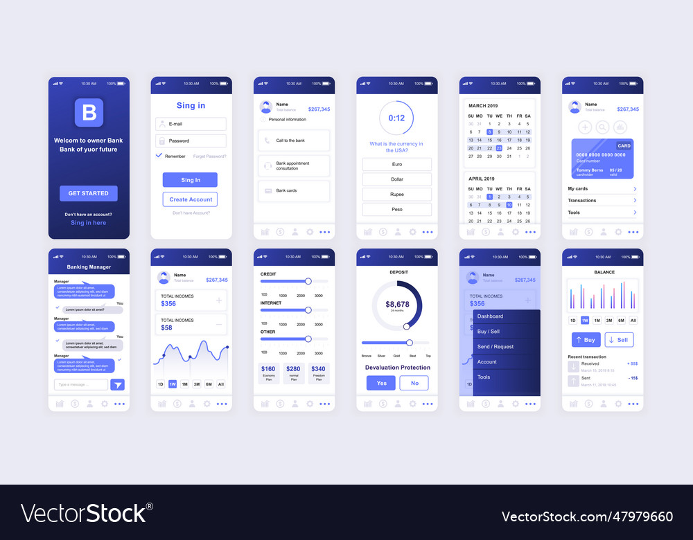 Set von ui ux gui Bildschirme Banking App flaches Design vector image Set von ui ux gui Bildschirme Banking App flaches Design